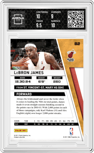 LeBron James from the 2010-11 Panini Season Update set graded by Arena Club and given an overall grade of 9.5.