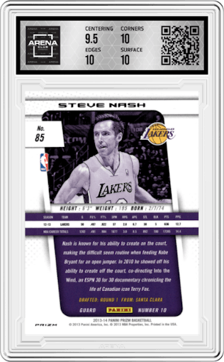 Steve Nash from the 2013-14 Panini Prizm set featuring a Silver Prizm  parallel graded by Arena Club and given an overall grade of 10.