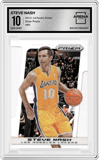 Steve Nash from the 2013-14 Panini Prizm set featuring a Silver Prizm  parallel graded by Arena Club and given an overall grade of 10.