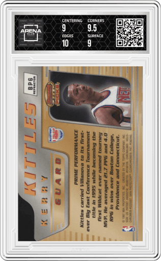 Kerry Kittles from the 1996-97 Bowman’s Best  set featuring a Refractor parallel graded by Arena Club and given an overall grade of 9.5.