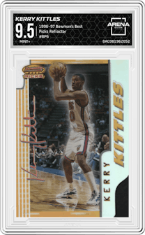 Kerry Kittles from the 1996-97 Bowman’s Best  set featuring a Refractor parallel graded by Arena Club and given an overall grade of 9.5.