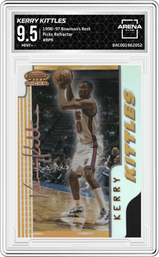 Kerry Kittles from the 1996-97 Bowman’s Best  set featuring a Refractor parallel graded by Arena Club and given an overall grade of 9.5.