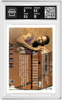 Ray Allen from the 1996-97 Topps set graded by Arena Club and given an overall grade of 9.5.