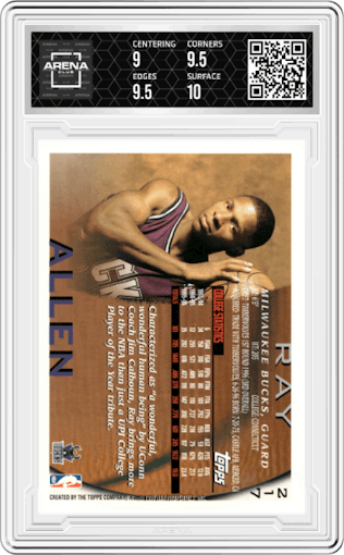Ray Allen from the 1996-97 Topps set graded by Arena Club and given an overall grade of 9.5.