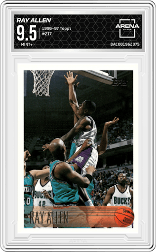 Ray Allen from the 1996-97 Topps set graded by Arena Club and given an overall grade of 9.5.