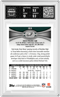 Nick Foles from the 2012 Topps Chrome set graded by Arena Club and given an overall grade of 9.5.