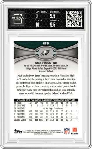 Nick Foles from the 2012 Topps Chrome set graded by Arena Club and given an overall grade of 9.5.