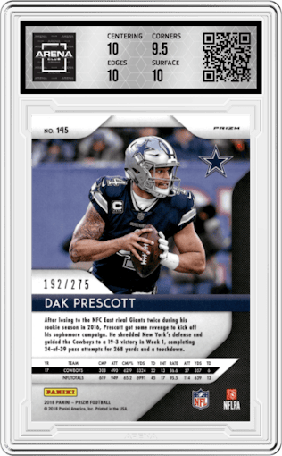Dak Prescott from the 2018 Panini Prizm set featuring a Hyper parallel graded by Arena Club and given an overall grade of 10.