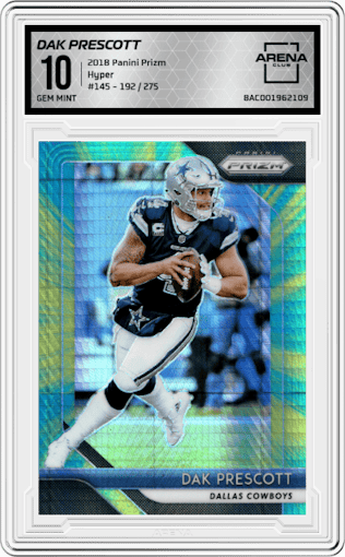 Dak Prescott from the 2018 Panini Prizm set featuring a Hyper parallel graded by Arena Club and given an overall grade of 10.