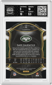 Sam Darnold from the 2020 Panini Select set featuring a Die-Cut Copper parallel graded by Arena Club and given an overall grade of 9.5.
