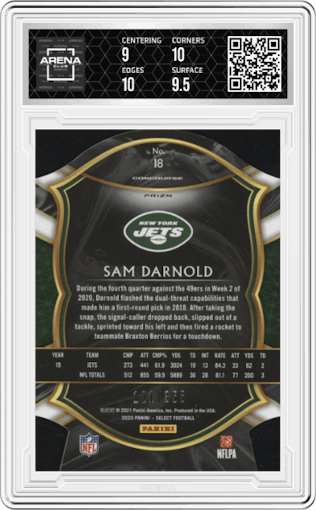 Sam Darnold from the 2020 Panini Select set featuring a Die-Cut Copper parallel graded by Arena Club and given an overall grade of 9.5.