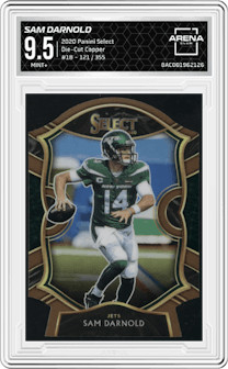 Sam Darnold from the 2020 Panini Select set featuring a Die-Cut Copper parallel graded by Arena Club and given an overall grade of 9.5.