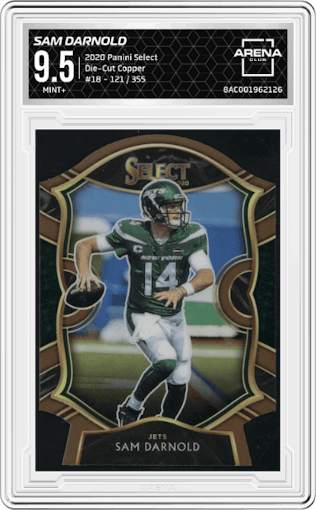 Sam Darnold from the 2020 Panini Select set featuring a Die-Cut Copper parallel graded by Arena Club and given an overall grade of 9.5.