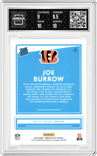 Joe Burrow from the 2020 Panini Donruss Optic set graded by Arena Club and given an overall grade of 9.5.