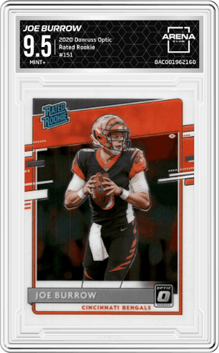 Joe Burrow from the 2020 Panini Donruss Optic set graded by Arena Club and given an overall grade of 9.5.