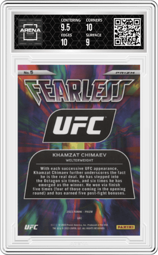 Khamzat Chimaev from the 2023 Panini Prizm UFC set featuring a Under Card parallel graded by Arena Club and given an overall grade of 9.5.
