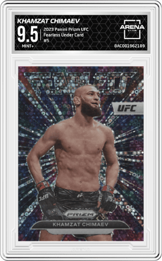 Khamzat Chimaev from the 2023 Panini Prizm UFC set featuring a Under Card parallel graded by Arena Club and given an overall grade of 9.5.