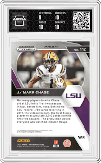 Ja'Marr Chase from the 2021 Panini Prizm Draft Picks set featuring a Gold Ice parallel graded by Arena Club and given an overall grade of 9.5.