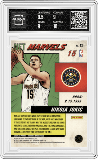 Nikola Jokic from the 2021-22 Panini Donruss set featuring a Press Proof Purple parallel graded by Arena Club and given an overall grade of 9.5.