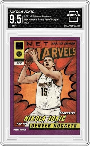 Nikola Jokic from the 2021-22 Panini Donruss set featuring a Press Proof Purple parallel graded by Arena Club and given an overall grade of 9.5.
