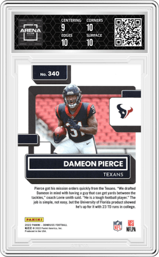 Dameon Pierce from the 2022 Panini Donruss set featuring a Press Proof Yellow parallel graded by Arena Club and given an overall grade of 9.5.