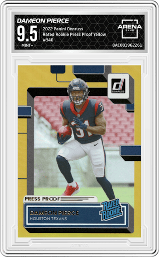 Dameon Pierce from the 2022 Panini Donruss set featuring a Press Proof Yellow parallel graded by Arena Club and given an overall grade of 9.5.