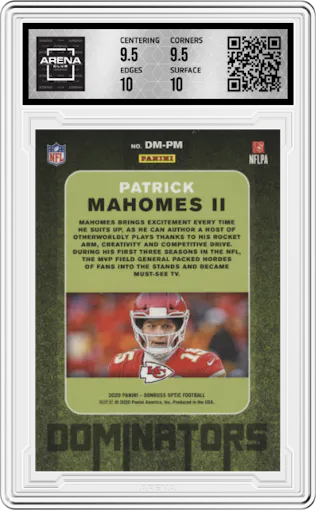 Patrick Mahomes II from the 2020 Panini Donruss Optic set graded by Arena Club and given an overall grade of 10.
