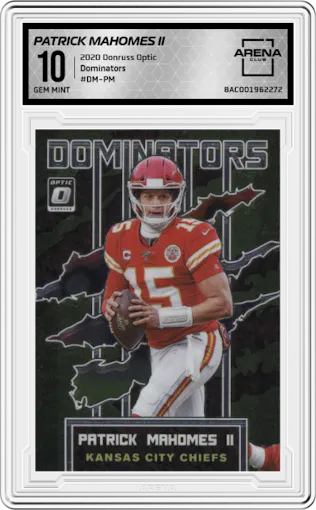 Patrick Mahomes II from the 2020 Panini Donruss Optic set graded by Arena Club and given an overall grade of 10.