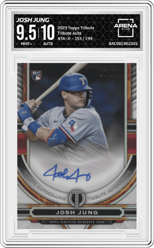 Josh Jung from the 2023 Topps Tribute set graded by Arena Club and given an overall grade of 9.5.