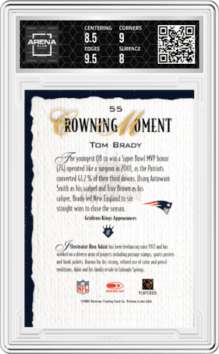 Tom Brady from the 2002 Donruss Gridiron Kings set graded by Arena Club and given an overall grade of 8.5.