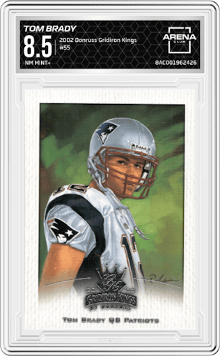 Tom Brady from the 2002 Donruss Gridiron Kings set graded by Arena Club and given an overall grade of 8.5.