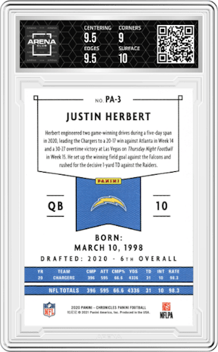 Justin Herbert from the 2020 Panini Chronicles set graded by Arena Club and given an overall grade of 9.5.