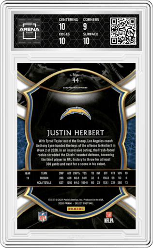 Justin Herbert from the 2020 Panini Select set graded by Arena Club and given an overall grade of 9.5.