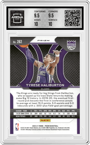 Tyrese Haliburton from the 2020-21 Panini Prizm set featuring a Green Prizm parallel graded by Arena Club and given an overall grade of 10.