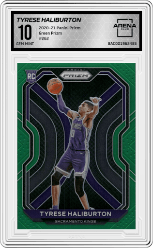 Tyrese Haliburton from the 2020-21 Panini Prizm set featuring a Green Prizm parallel graded by Arena Club and given an overall grade of 10.