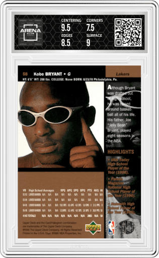 Kobe Bryant from the 1996-97 Upper Deck set graded by Arena Club and given an overall grade of 8.