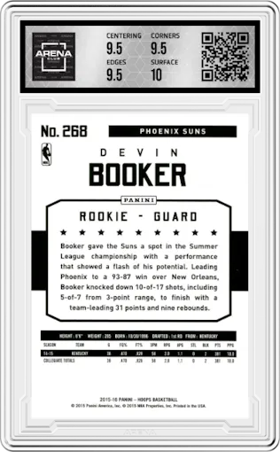 Devin Booker from the 2015-16 Panini NBA Hoops set graded by Arena Club and given an overall grade of 10.