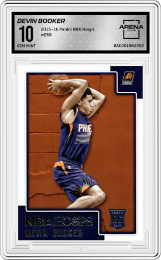 Devin Booker from the 2015-16 Panini NBA Hoops set graded by Arena Club and given an overall grade of 10.