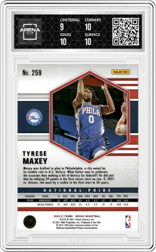 Tyrese Maxey from the 2020-21 Panini Mosaic set featuring a Mosaic parallel graded by Arena Club and given an overall grade of 9.5.