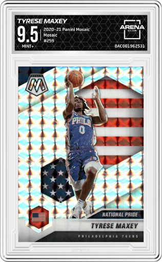 Tyrese Maxey from the 2020-21 Panini Mosaic set featuring a Mosaic parallel graded by Arena Club and given an overall grade of 9.5.