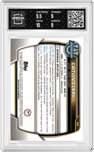 Caitlin Clark from the 2022-23 Bowman University Chrome set graded by Arena Club and given an overall grade of 9.5.