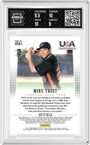 Mike Trout from the 2012 Panini Prizm set graded by Arena Club and given an overall grade of 9.5.