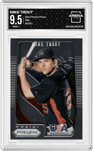 Mike Trout from the 2012 Panini Prizm set graded by Arena Club and given an overall grade of 9.5.