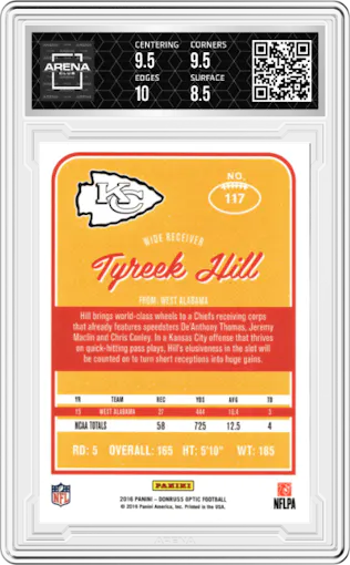 Tyreek Hill from the 2016 Panini Donruss Optic set graded by Arena Club and given an overall grade of 9.