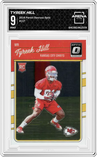 Tyreek Hill from the 2016 Panini Donruss Optic set graded by Arena Club and given an overall grade of 9.