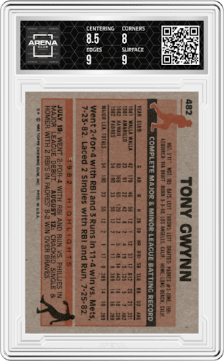 Tony Gwynn from the 1983 Topps set graded by Arena Club and given an overall grade of 8.5.