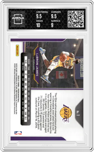 LeBron James from the 2020-21 Panini Prizm set graded by Arena Club and given an overall grade of 9.5.