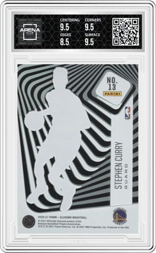 Stephen Curry from the 2020-21 Panini Illusions  set featuring a Emerald parallel graded by Arena Club and given an overall grade of 9.