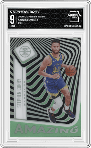 Stephen Curry from the 2020-21 Panini Illusions  set featuring a Emerald parallel graded by Arena Club and given an overall grade of 9.
