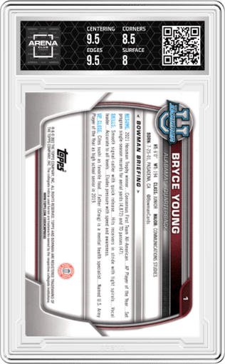 Bryce Young from the 2022 Bowman University Chrome set graded by Arena Club and given an overall grade of 8.5.